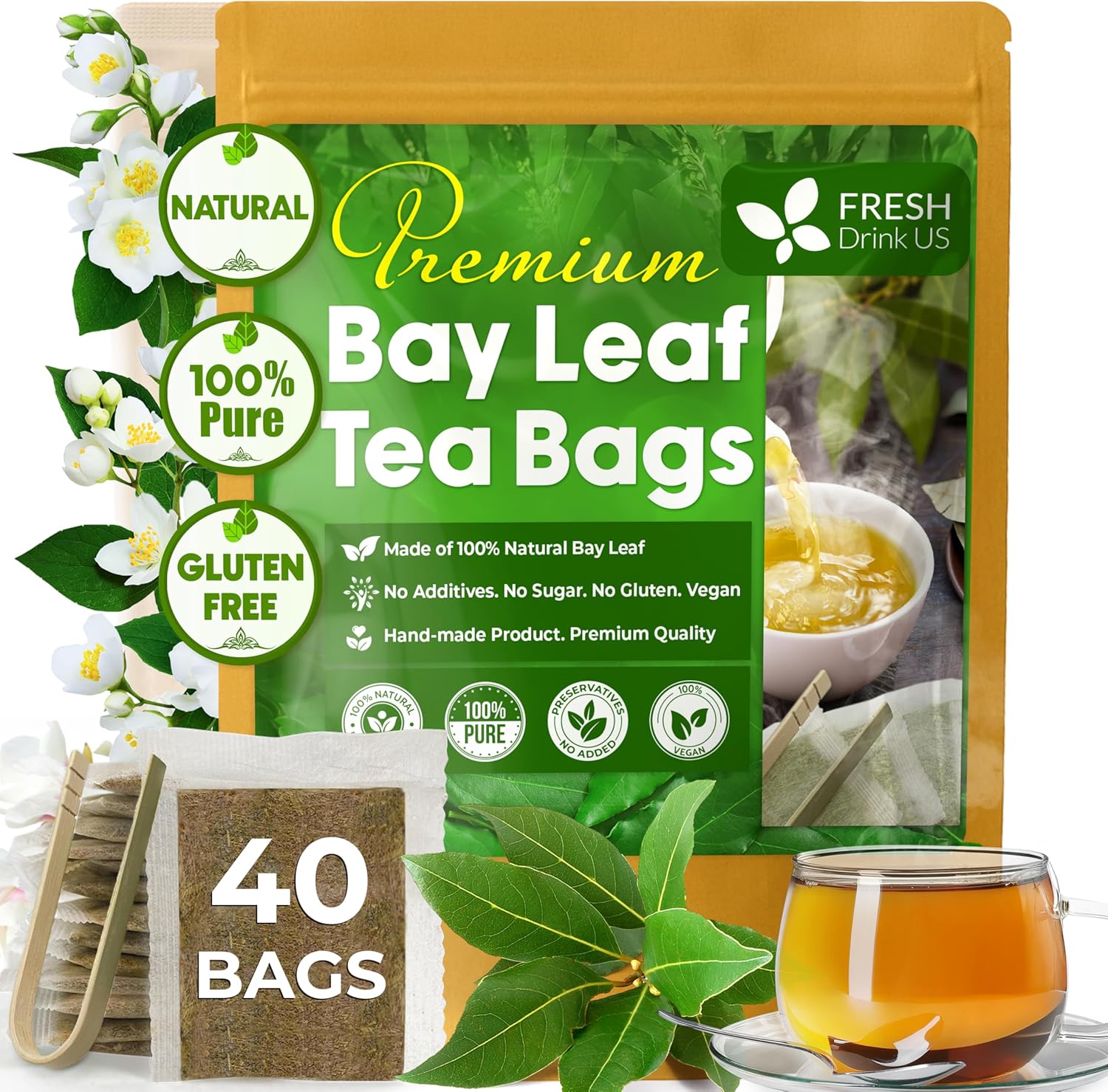 FRESHDRINKUS, Premium 40 Bay Leaf Tea Bags, 100% Natural & Pure from Bay Leaves. Loose Leaf Bay Herbal Tea. Made with Natural Material Tea Bags, No Sugar, No Caffeine, No Gluten, Vegan.