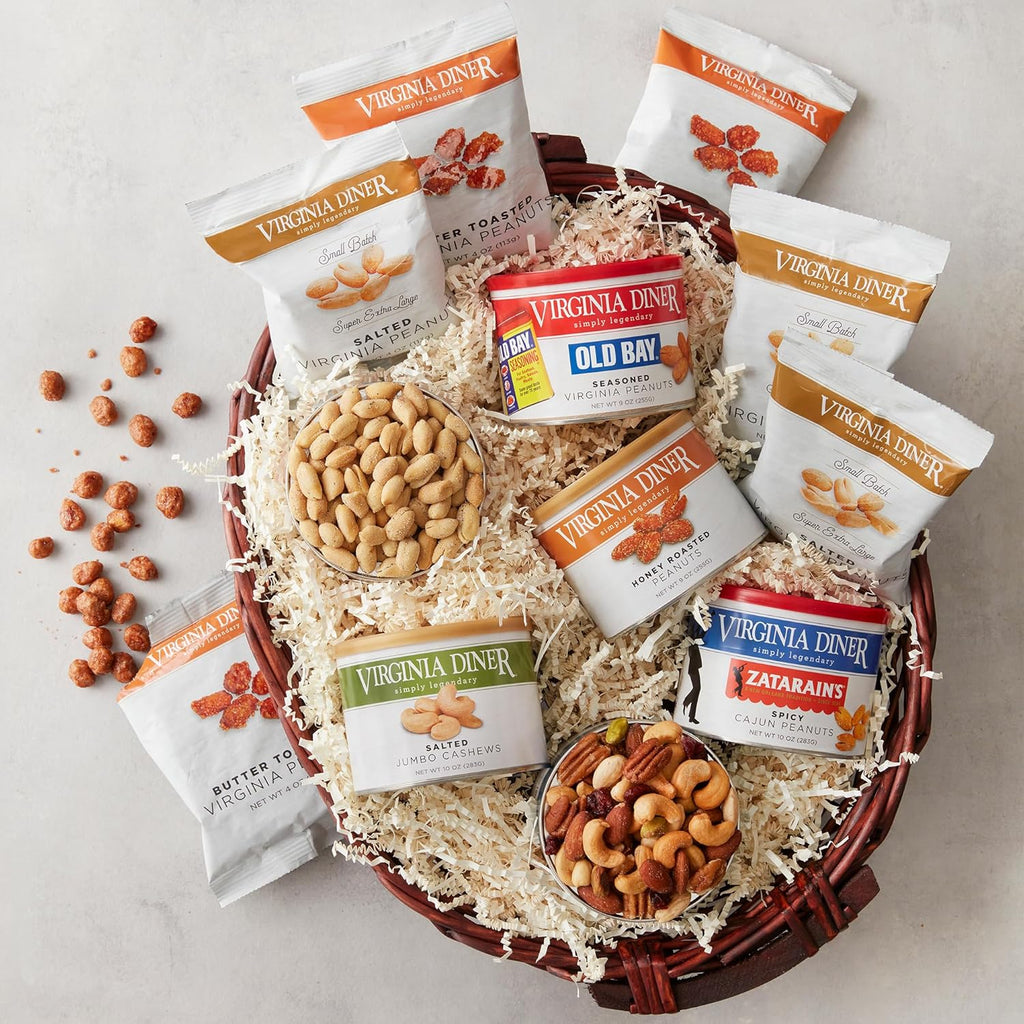 Taste of VA Diner Gift Basket by Virginia Diner - Wicker Basket with 8 Assorted Sweet and Savory Nuts totalling over 4.5lbs