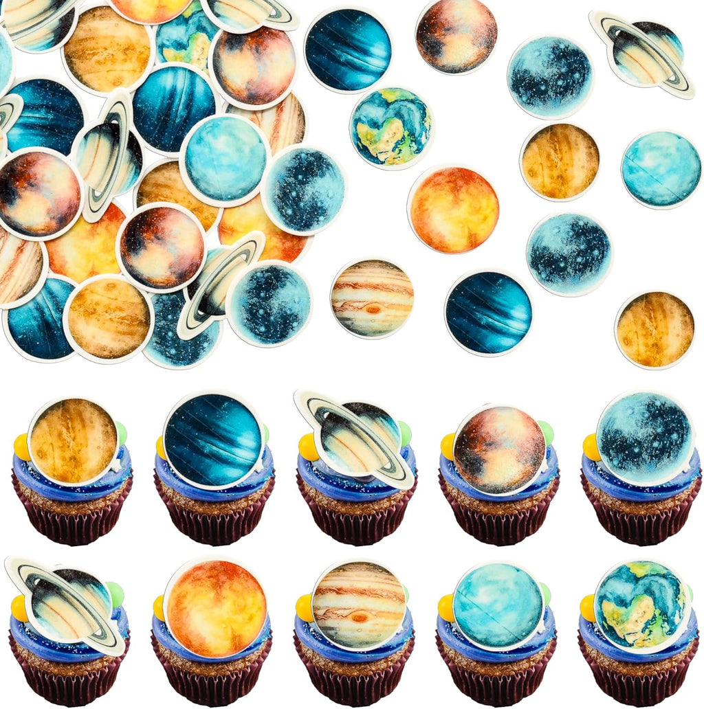 Ephlyn 54Pcs Edible Outer Space Cupcake Toppers Wafer Paper Solar System Galaxy Universe Planets Cupcake Picks for Baby Shower Boys Girls Birthday Outer Space Themed Party Cake Decorations