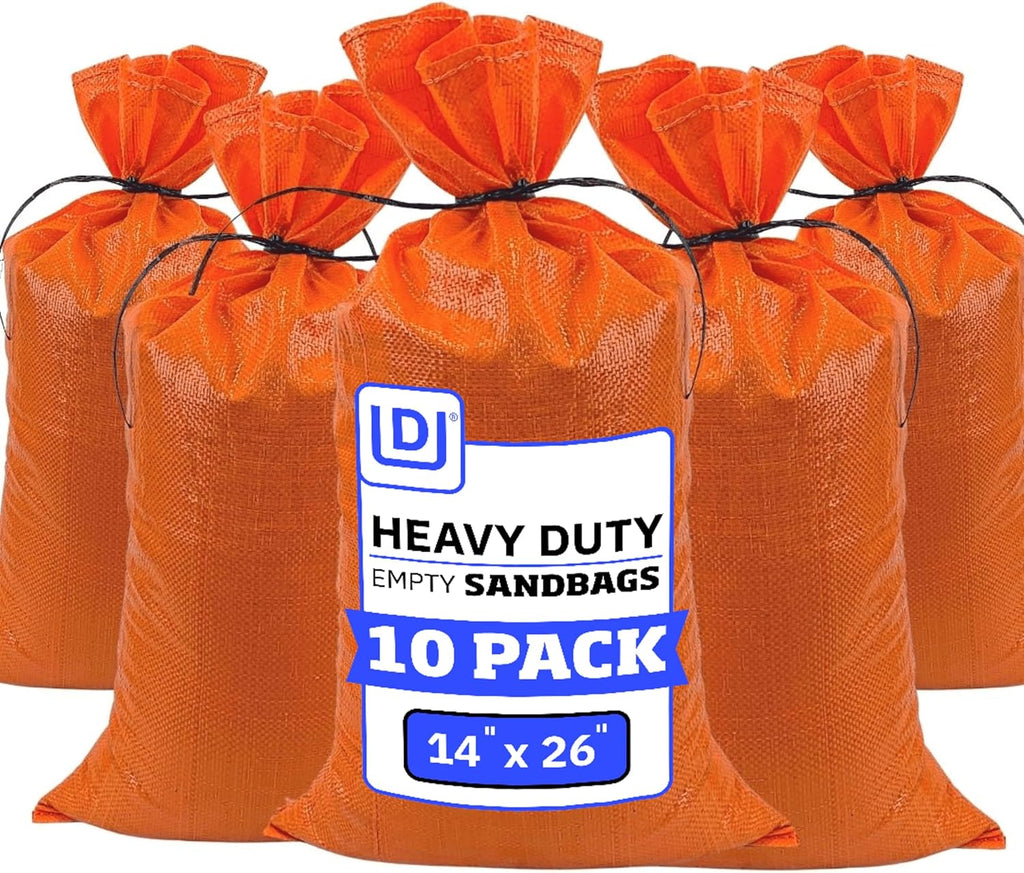 DURASACK Heavy Duty Sand Bags with Tie Strings Empty Woven Polypropylene Sand-Bags for Flood Control with 1600 Hours of UV Protection, 50 lbs Capacity, 14x26 inches, Orange, Pack of 10