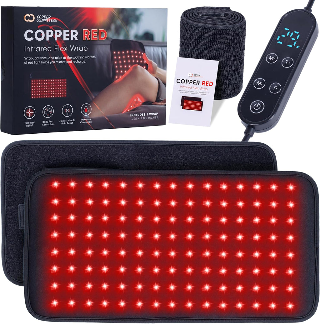 CopperRed™ by Copper Compression Infrared Flex Wrap Red Light Therapy Device. 660nm Red Light & 850nm Near Infrared NIR. 120 LED Emitters, 360 Light Chips, Adjustable Strap, Timer, 8 Intensity Levels for Muscle & Joint Comfort