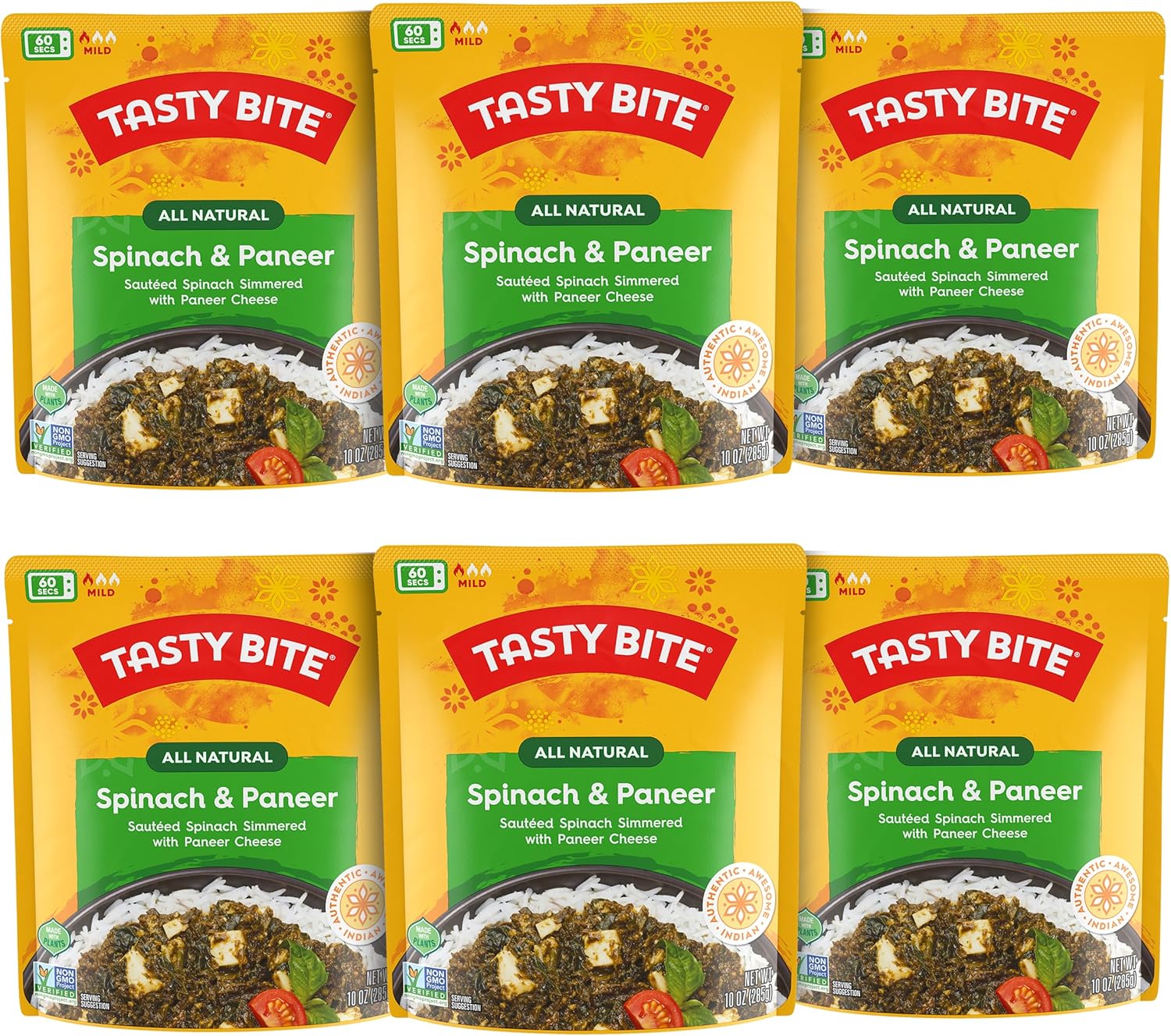 Tasty Bite Kashmir Spinach, Ready to Eat, 10 Ounce, Pack of 6, Microwavable Entrée in Light Curry Sauce, Vegetarian (Packaging May Vary)
