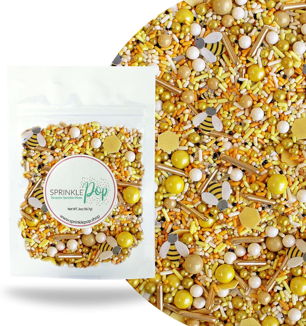 Sprinkle Pop Honey Bee Sprinkle Mix| Yellow Gold Sprinkles with ~10 Bees Honeycomb Wafer Papers, Black Pops and Cream Hues| Summer Sprinkles Made in USA for Decorating Cakes Cupcakes Cookies, 2oz