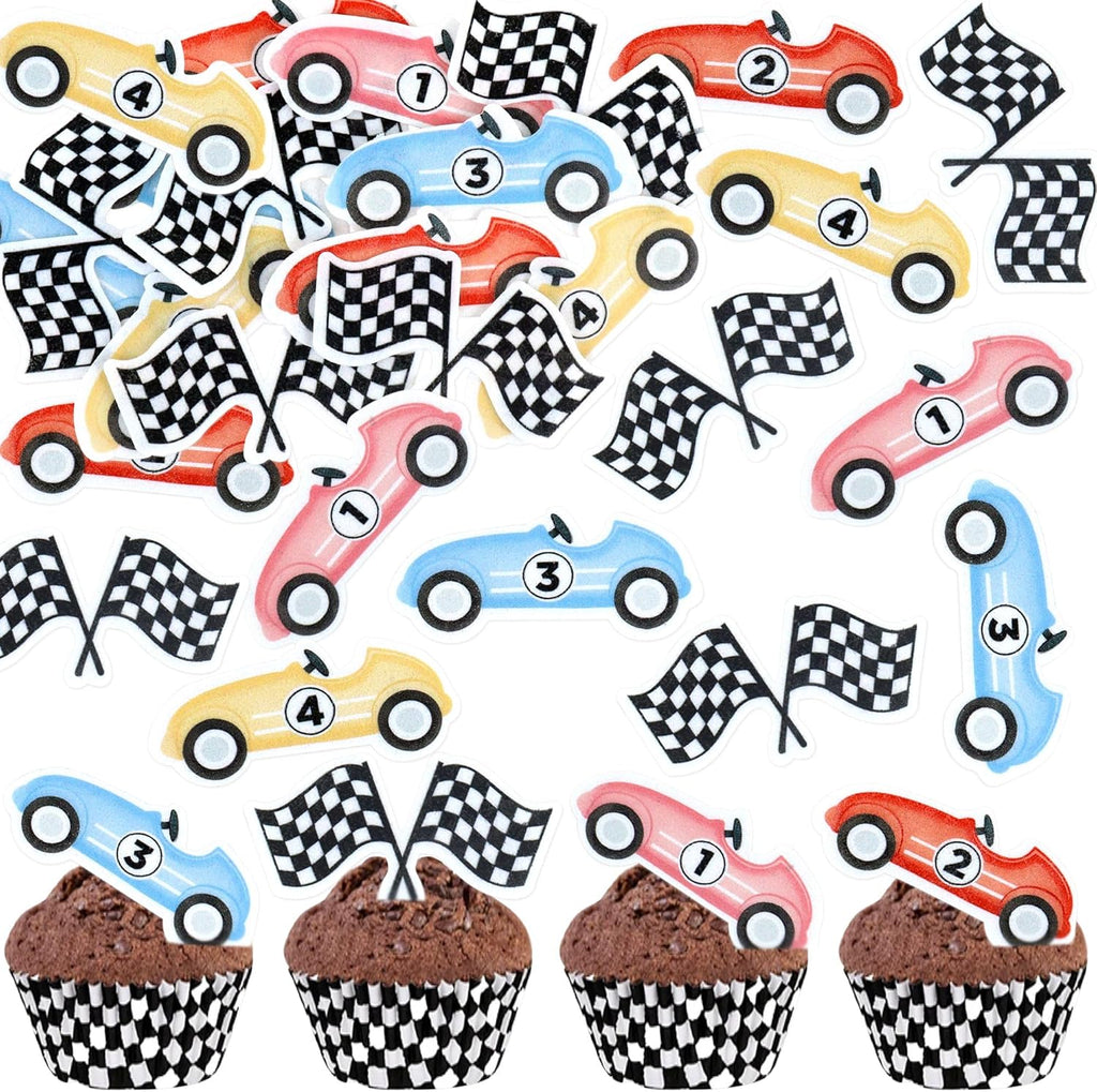 Ercadio 48Pcs Edible Cute Race Car Cupcake Toppers Cherkered Flags Race Cars Cupcake Picks Racing Car Birthday Cake Toppers Baby Shower Funny Birthday Party Decoration Supplies
