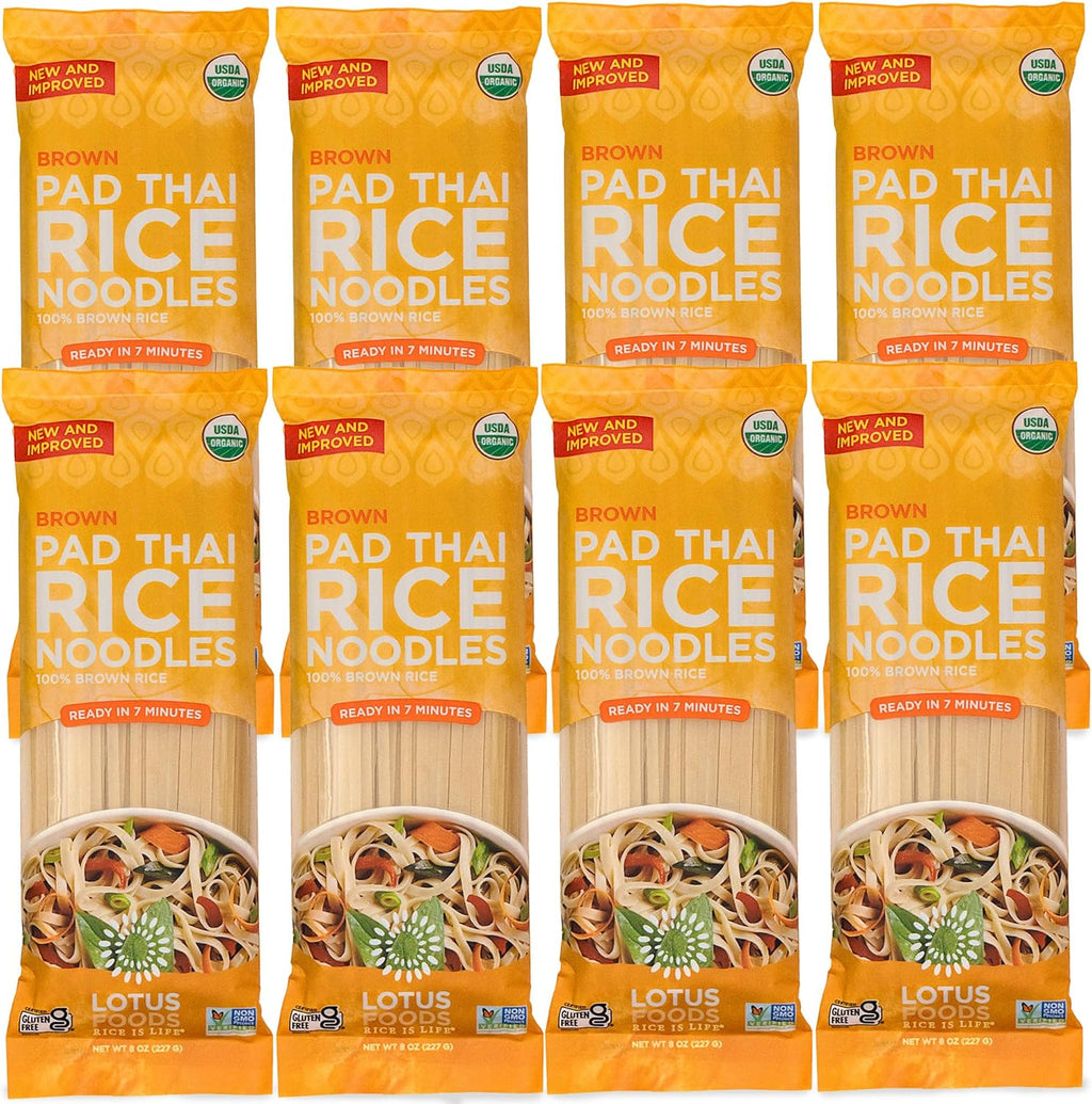Lotus Foods Organic Brown Rice Pad Thai Rice Noodles - Gluten Free Pad Thai, Heirloom Rice Noodles, Authentic Asian Noodles, Rice Noodles Thailand, USDA Organic, Non GMO - 8 Oz (Pack of 8)