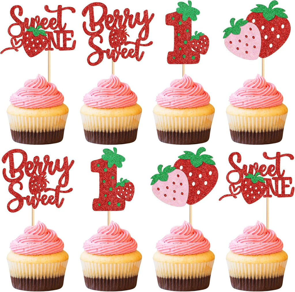 24Pcs Strawberry ‘Sweet One’ Cupcake Toppers Sweet 1st Birthday Strawberry Cupcake Baby Shower Kids Birthday Anniversary Party Cake Decorations