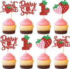 24Pcs Strawberry ‘Sweet One’ Cupcake Toppers Sweet 1st Birthday Strawberry Cupcake Baby Shower Kids Birthday Anniversary Party Cake Decorations