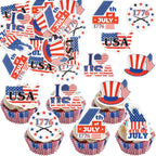 Ephlyn 54Pcs 4th of July Edible Cupcake Toppers American Flag Patriotic Cake Decorations Wafer Paper USA Independence Day for July 4th Party Supplies Blue Red White