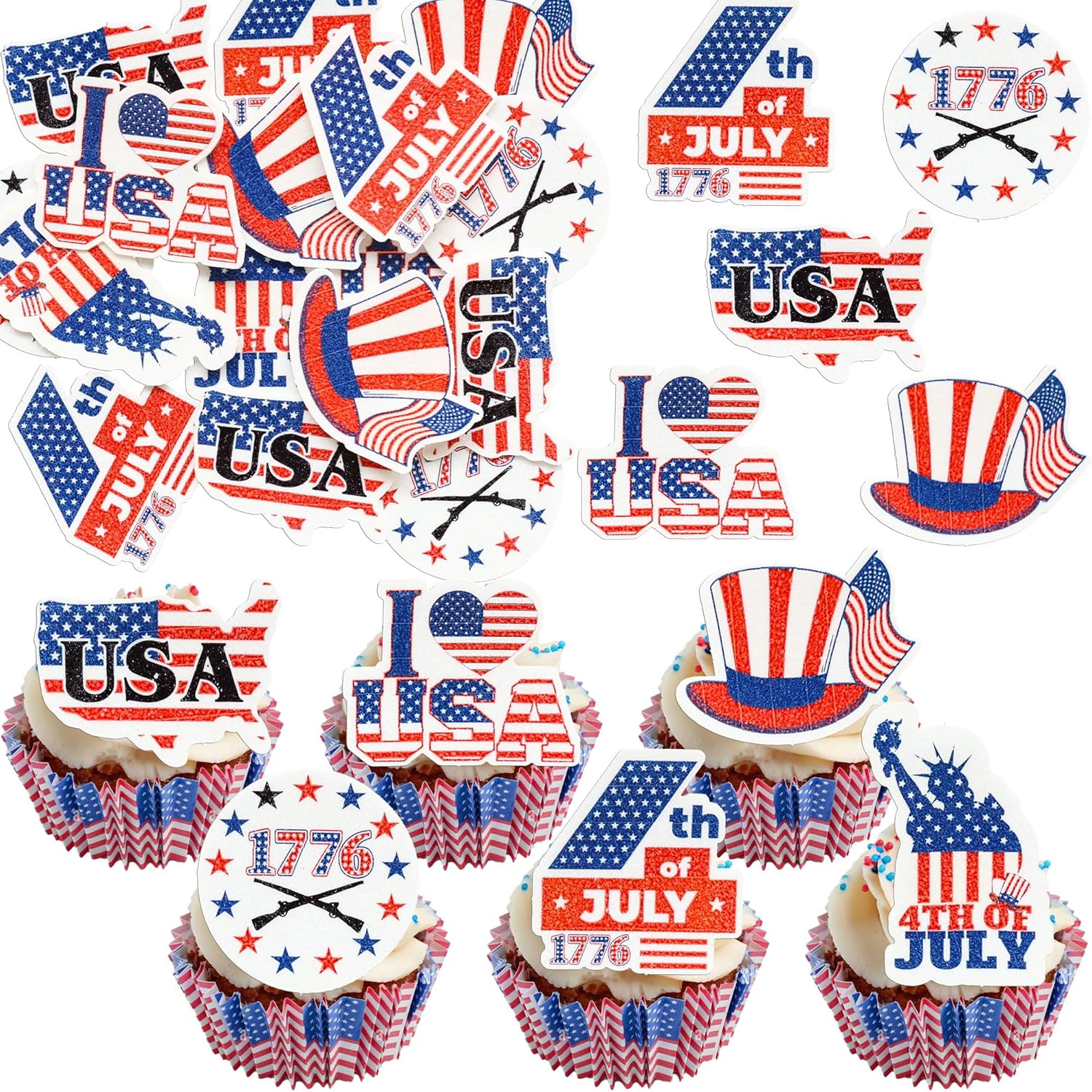 Ephlyn 54Pcs 4th of July Edible Cupcake Toppers American Flag Patriotic Cake Decorations Wafer Paper USA Independence Day for July 4th Party Supplies Blue Red White