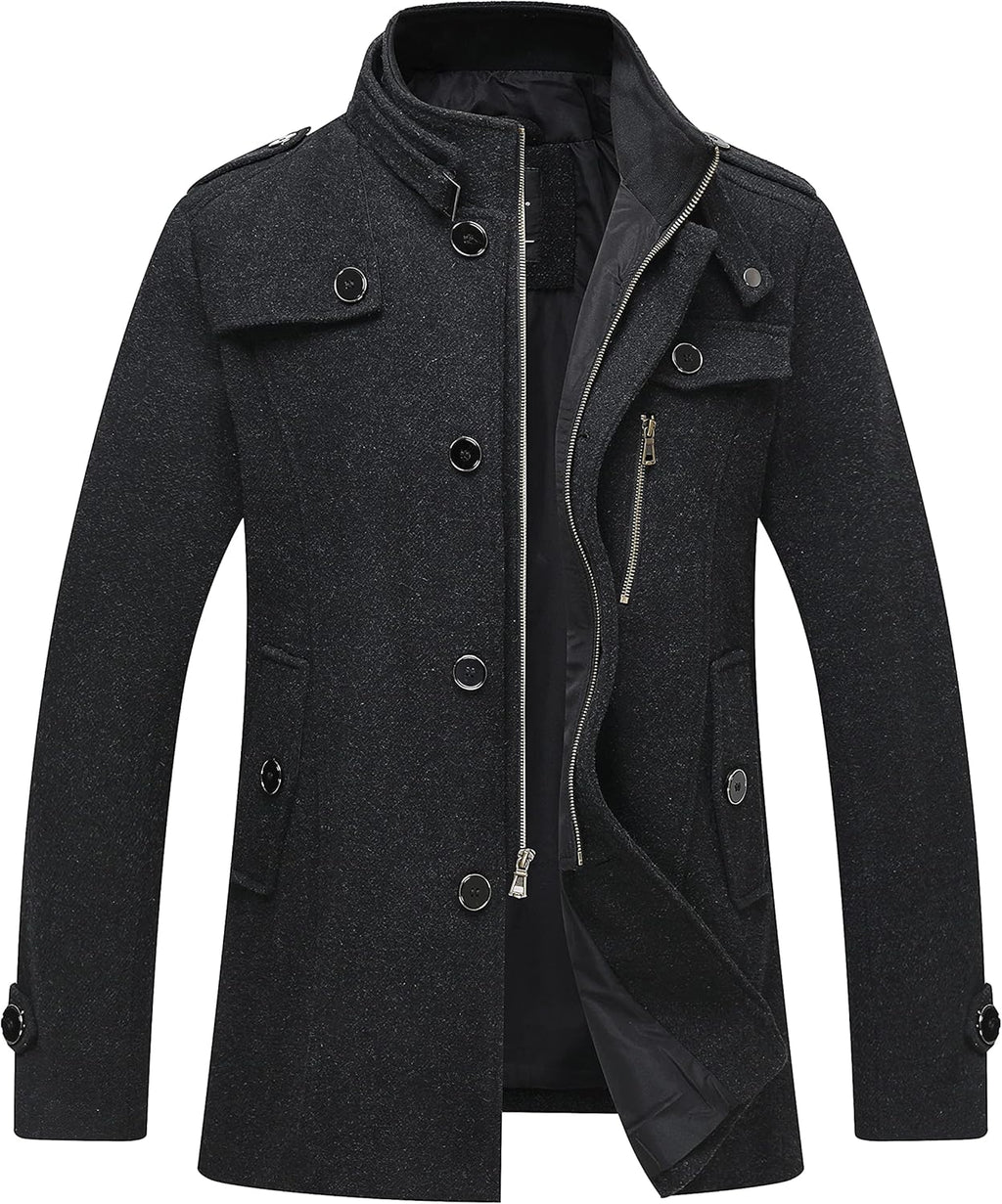 wantdo Men's Wool Blend Jacket Stand Collar Windproof Pea Coat