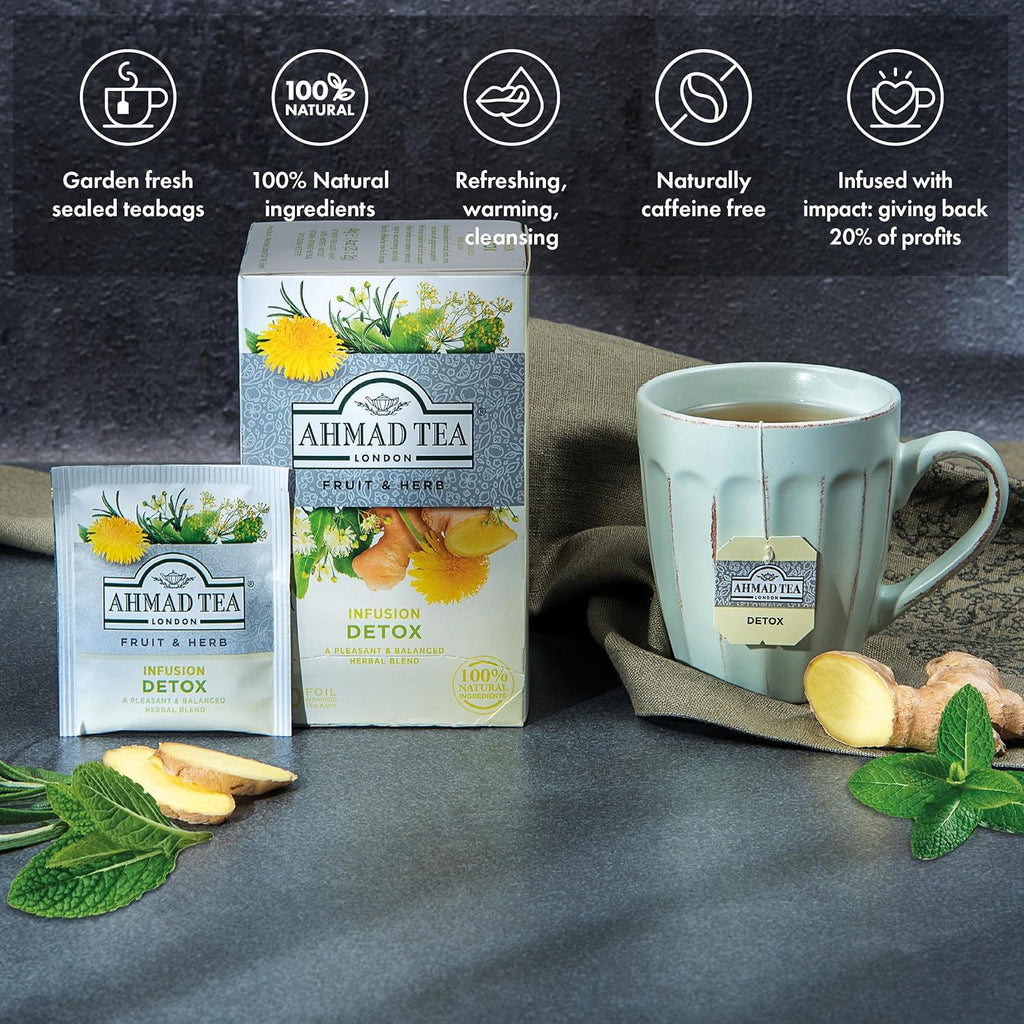 Ahmad Tea Herbal Tea, Ginger, Peppermint, Fennel, Dandelion, & Birch 'Detox' Teabags, 20 ct (Pack of 1) - Decaffeinated & Sugar-Free