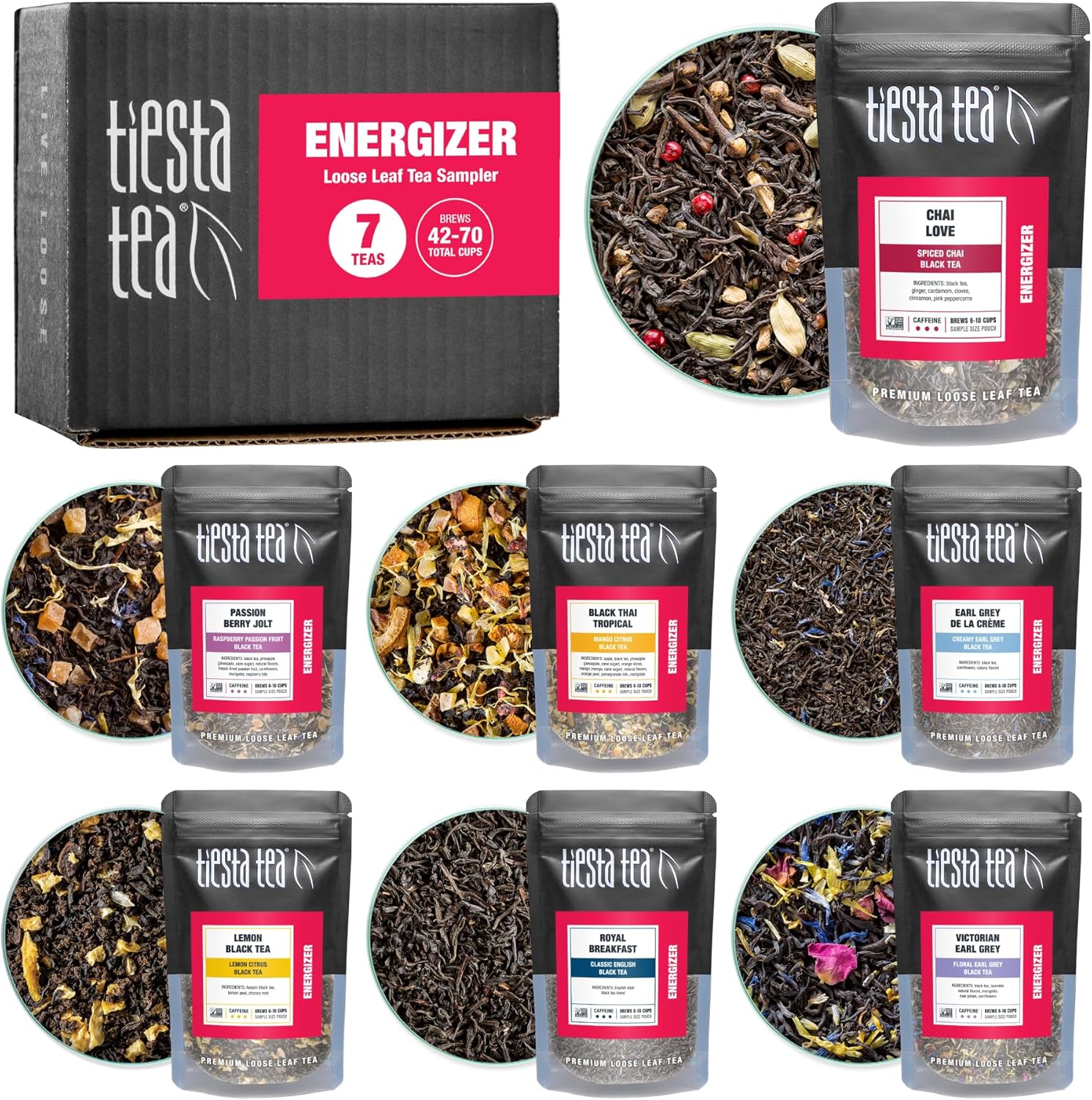 Tiesta Tea - Black Sampler Dry Flight Set, Loose Leaf, High Caffeine, Makes Hot & Iced, Assorted Tea Sets with Herbal, Chai, Fruit Black Teas & More, 7 Resealable Sample Pouches