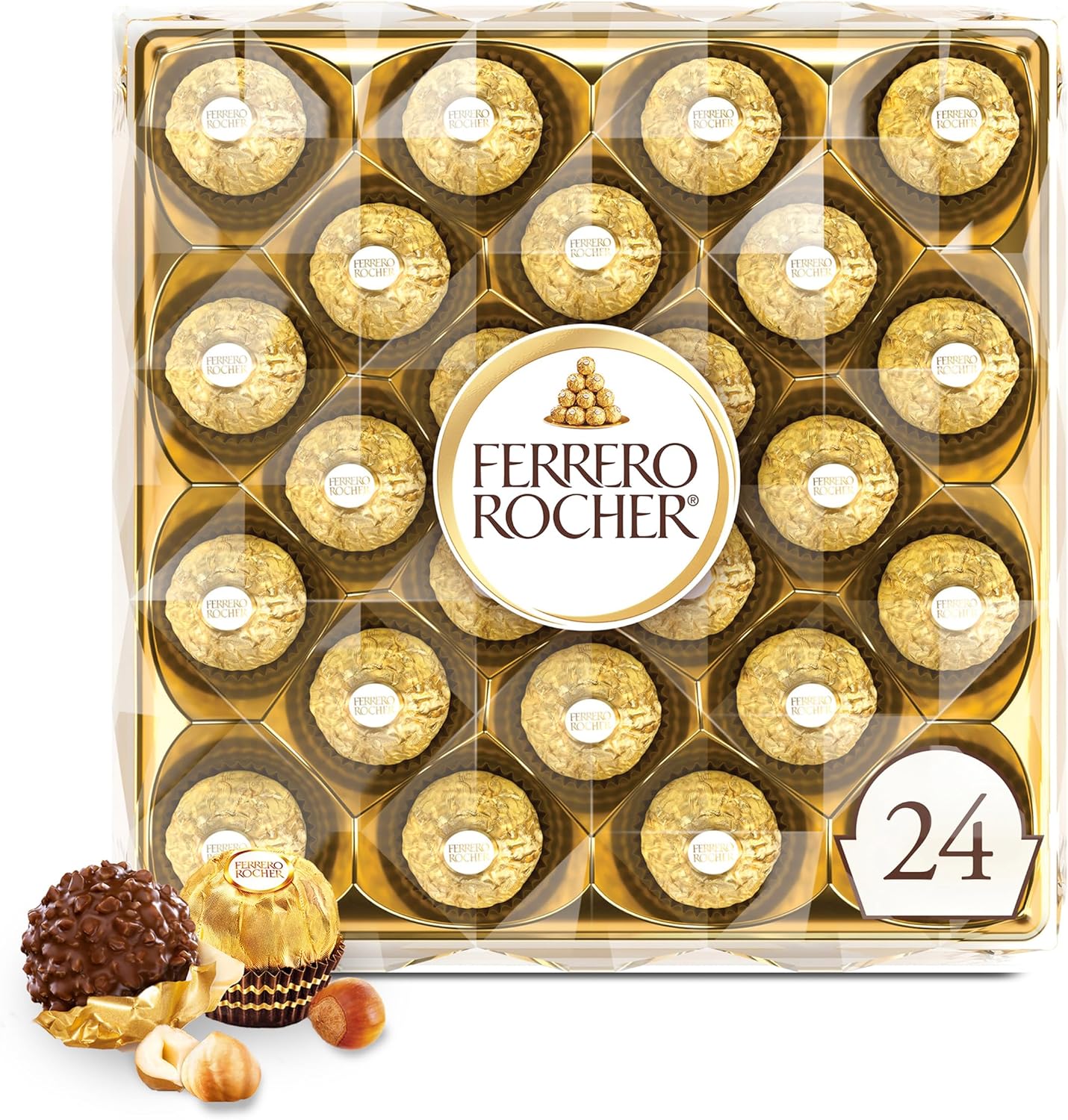 Ferrero Rocher Gourmet Hazelnut Milk Chocolate Gift Box, 24 Individually Wrapped Chocolates, 10.6 oz