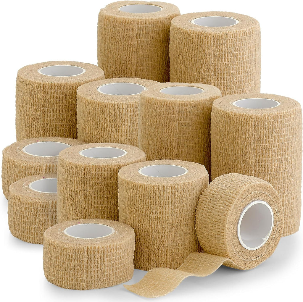 Self Adherent Cohesive Tape - (Pack of 12) 1” 2" 3" x 5 Yards, (Light Tan) Self Adhesive Bandage Rolls & Sports Athletic Wrap for Ankle, Wrist, Sprains