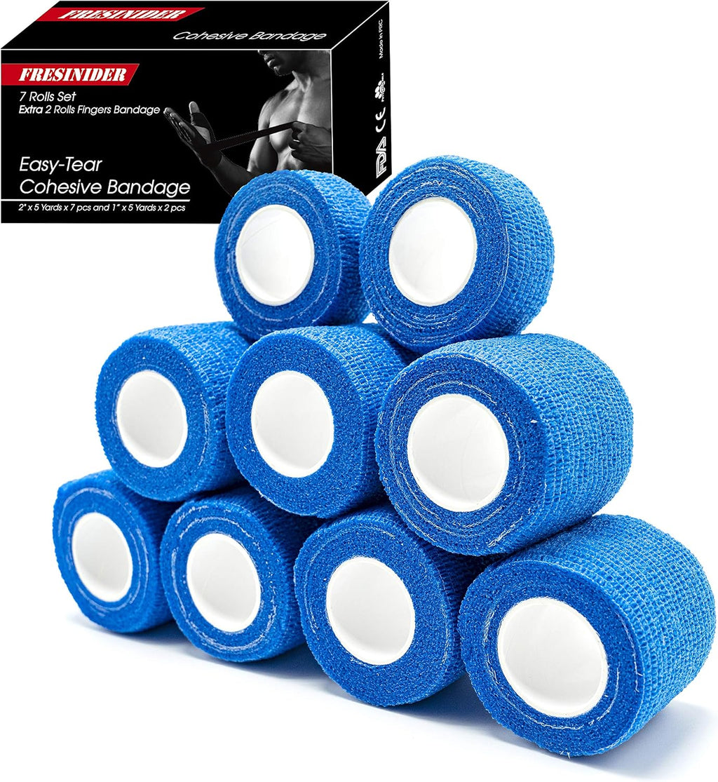 FRESINIDER 9 Rolls Self Adhesive Wrap Athletic Tape Gauze, Breathable Elastic Cohesive Bandage for Sports Injury & Pet (7 Pcs 2" x 5 Yards + 2 Pcs 1" X 5 Yards) (Blue)