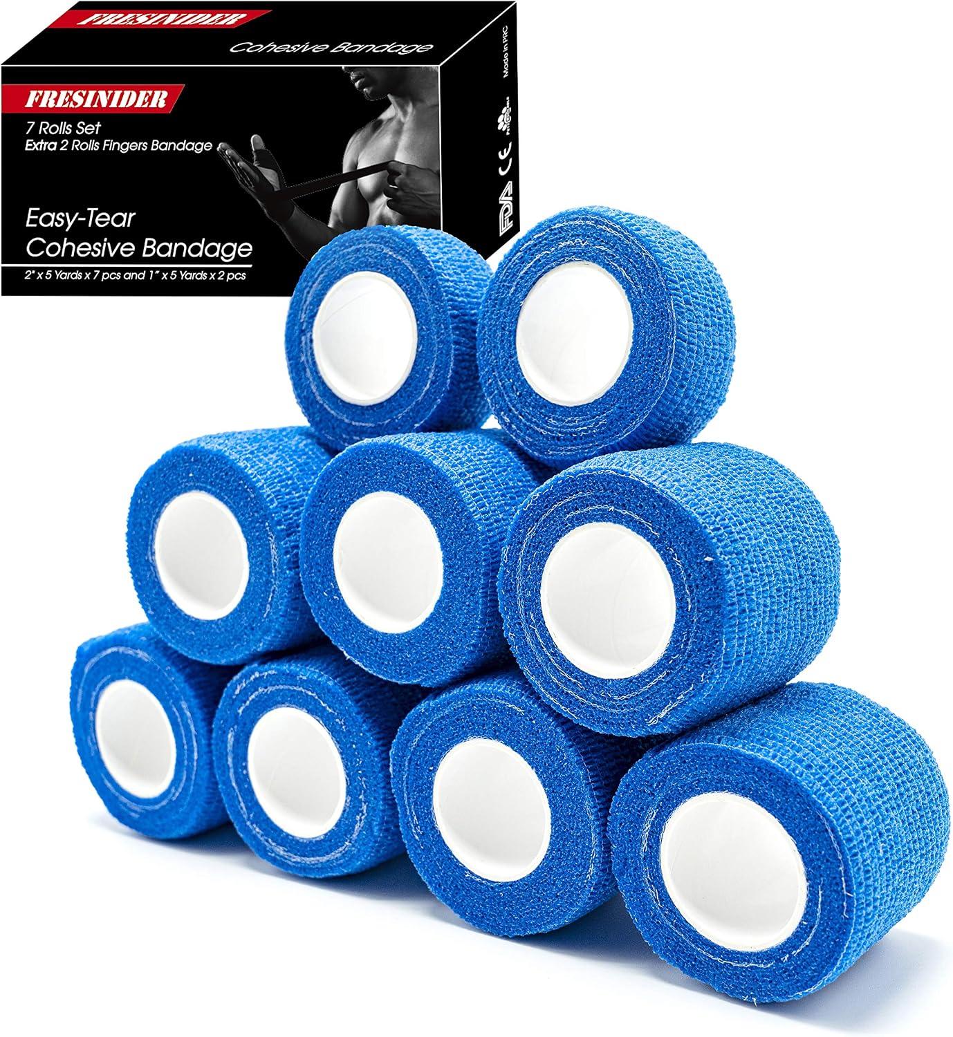 FRESINIDER 9 Rolls Self Adhesive Wrap Athletic Tape Gauze, Breathable Elastic Cohesive Bandage for Sports Injury & Pet (7 Pcs 2" x 5 Yards + 2 Pcs 1" X 5 Yards) (Blue)