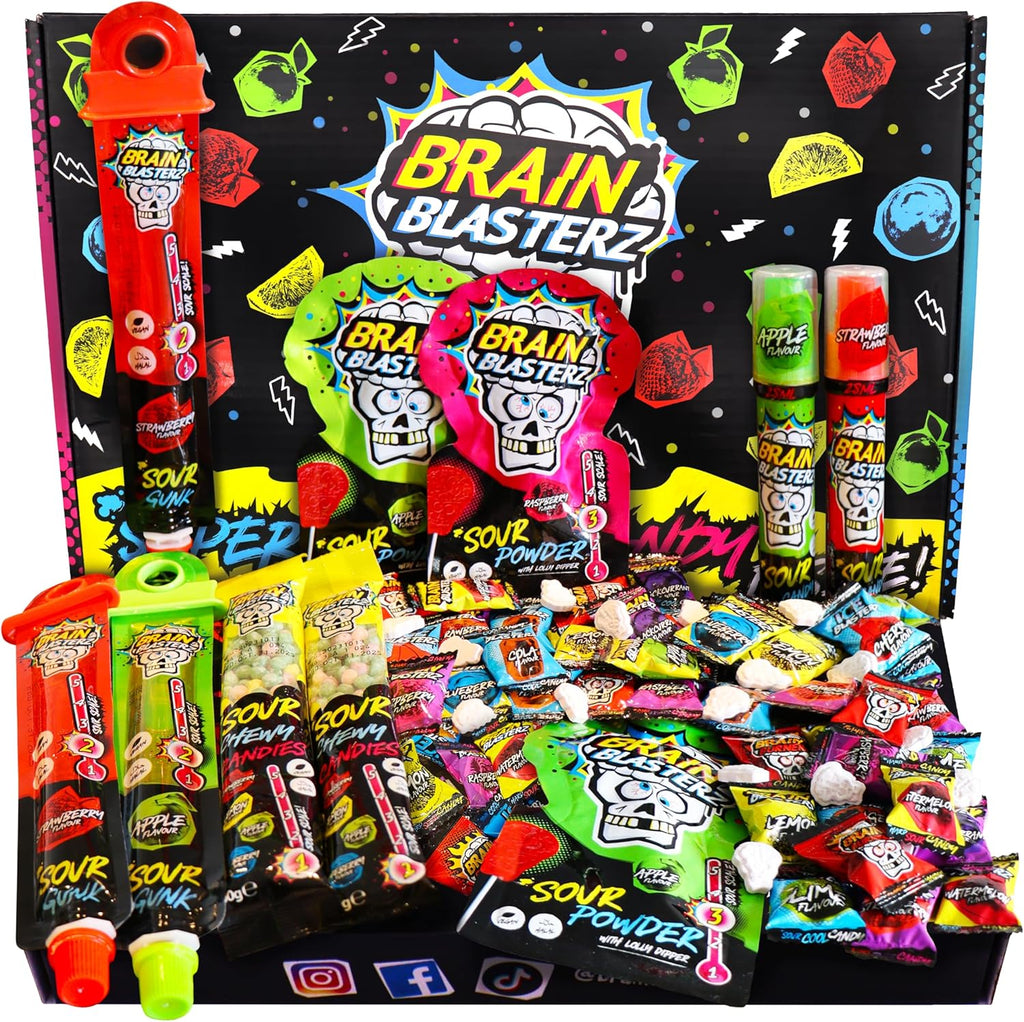 Brain Blasterz Sour Candy Variety Pack - 22 Piece Assorted Candy Box, Bulk Sour Candy Mix, Individually Wrapped Snack Box with Hard Candy, Lollipops & Taffy for Easter, Halloween, Birthdays & Parties