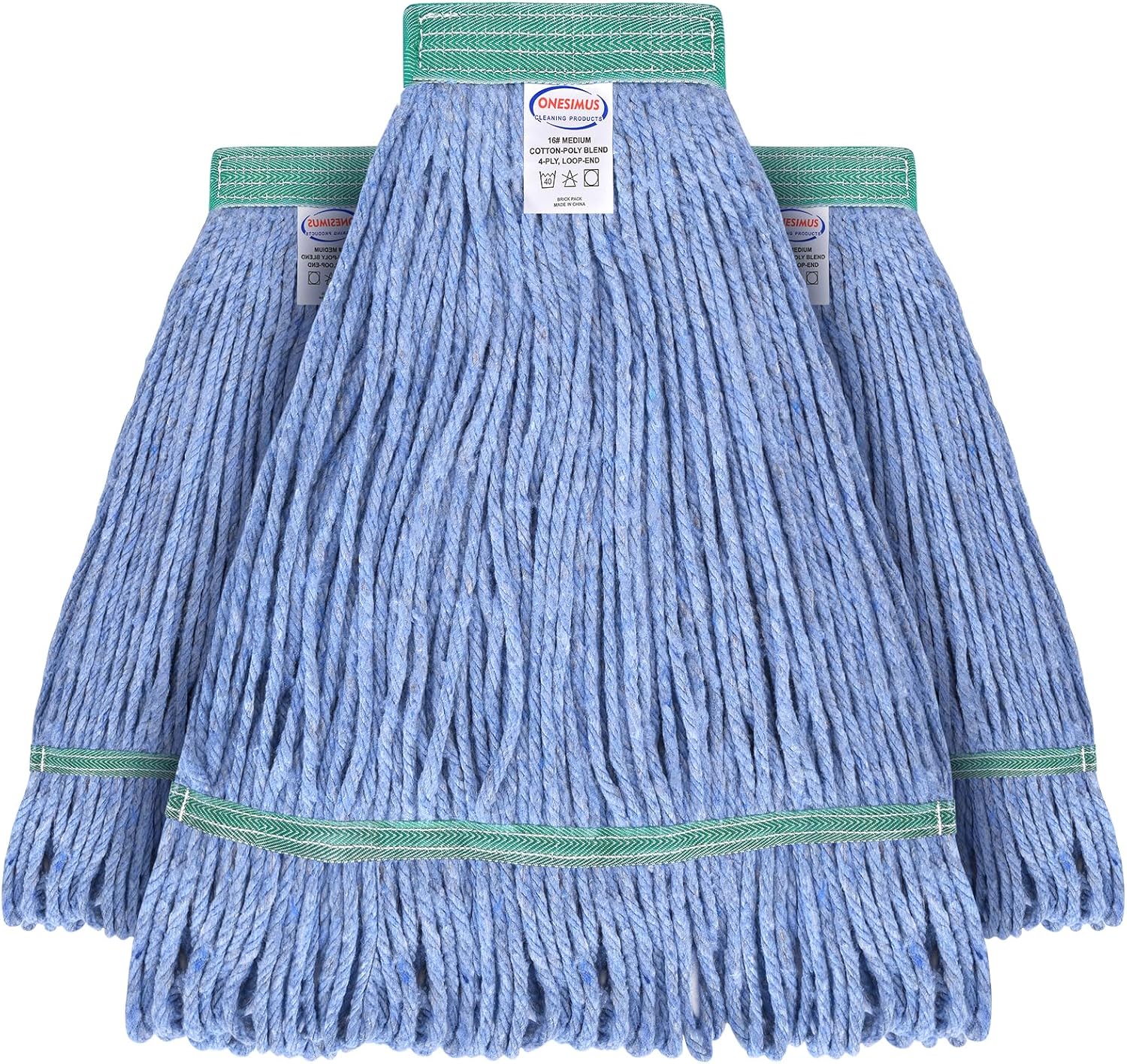 Onesimus 20 oz Mop Head Replacement, Industrial Mops for Floor Cleaning Heavy Duty 4-Ply Cotton Blend Looped End Wet Mop Refills 1.25 in Universal Headband Fit Most Handles, 3 Pack Large Blue