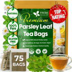 Premium 75 Parsley Leaf Tea Bags, 100% Natural & Pure from Parsley Leaves. Loose Leaf Parsley Herbal Tea. Parsley Leaf Tea. Made with Natural Material Tea Bags. No Sugar, No Caffeine, No Gluten, Vegan.