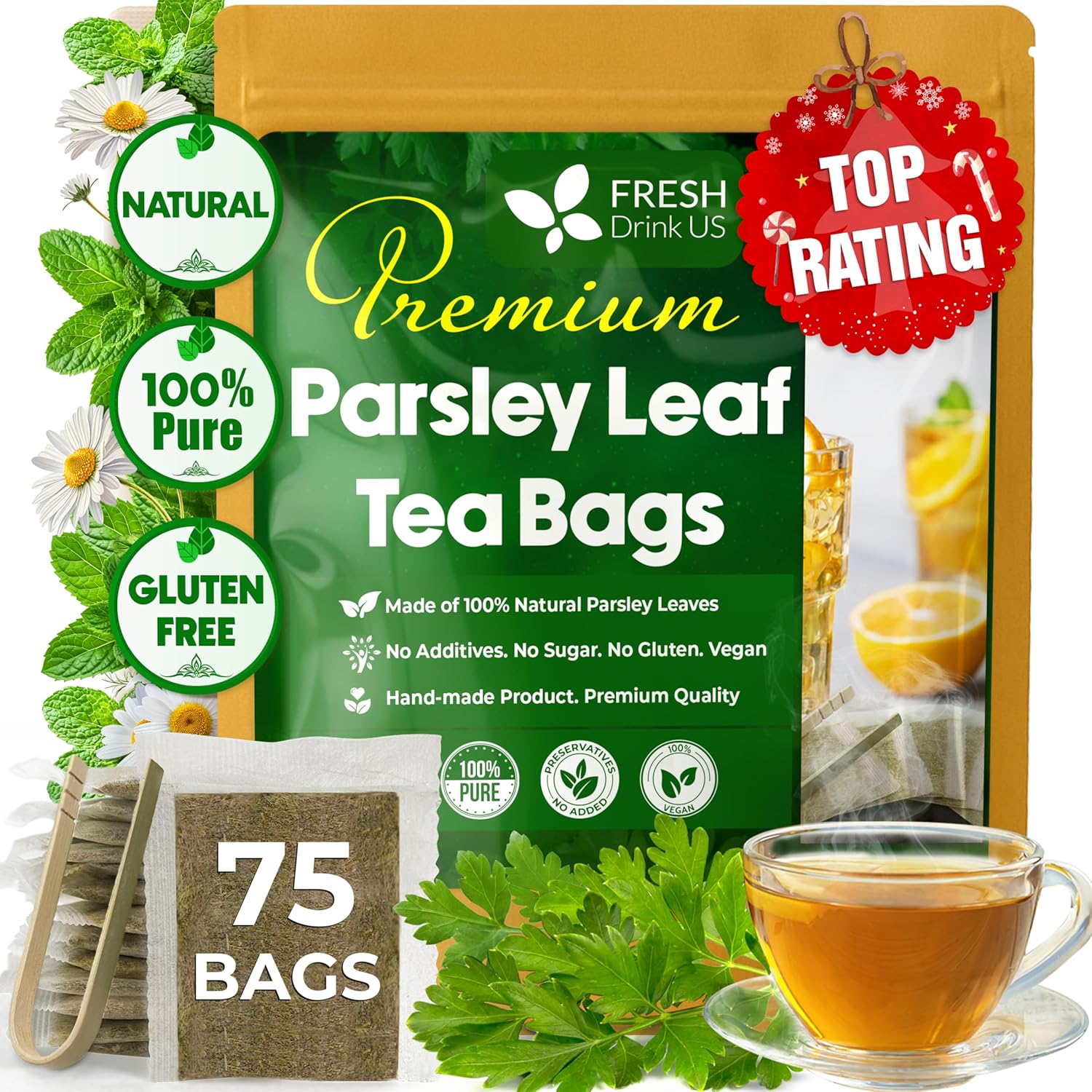 Premium 75 Parsley Leaf Tea Bags, 100% Natural & Pure from Parsley Leaves. Loose Leaf Parsley Herbal Tea. Parsley Leaf Tea. Made with Natural Material Tea Bags. No Sugar, No Caffeine, No Gluten, Vegan.