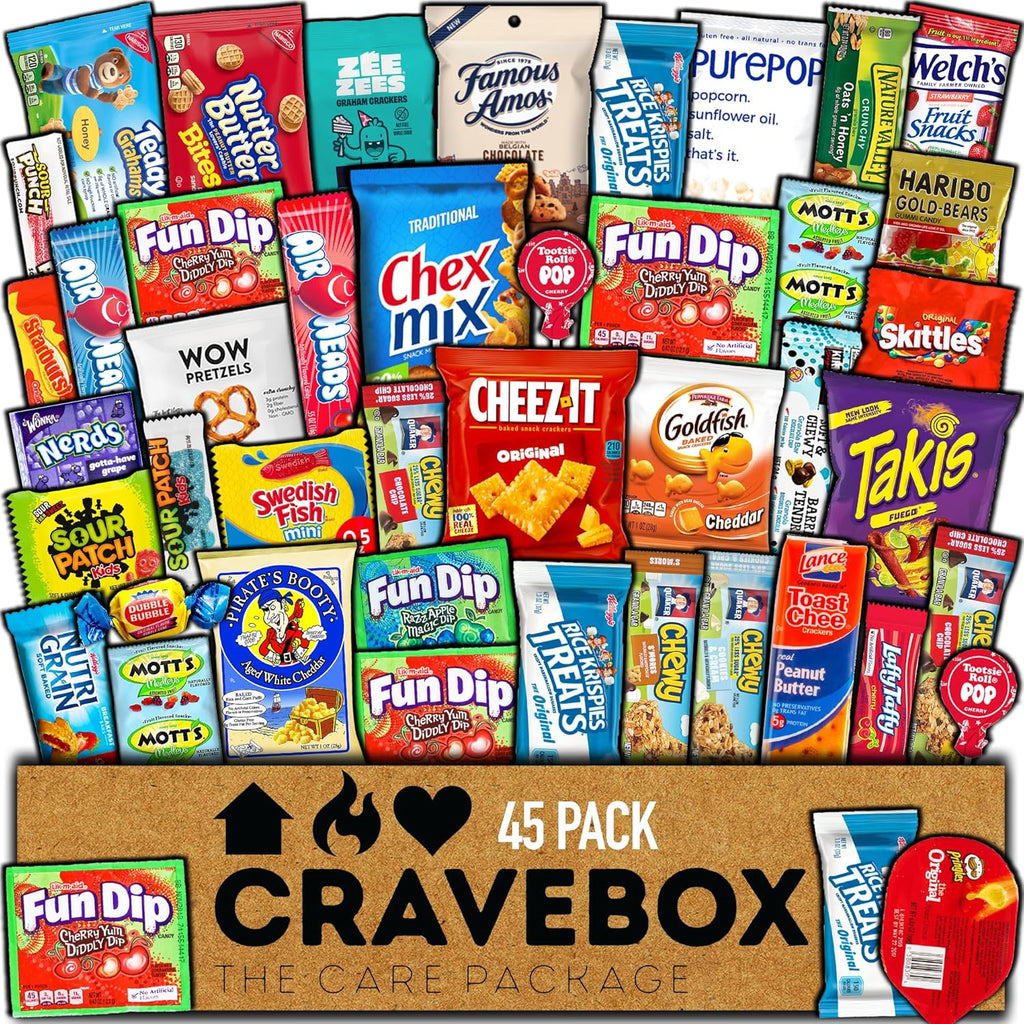 CRAVEBOX Snacks Box Variety Pack Care Package (45 Count) Mother's Day Treats Gift Basket Adults Kids Grandkids Guys Girls Women Men Boyfriend Birthday Cookies Chips College Student Office School