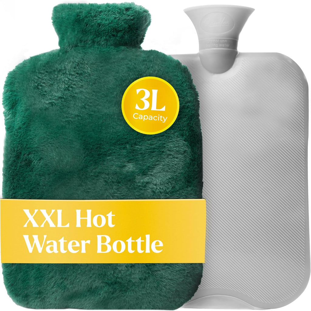 Hot Water Bottle - with Soft Premium Fleece Cover - Green, 3L - Heating Pad for Menstrual Cramps and Period Comfort - Bed Foot Warmer - Hot & Cold Compress for Back, Stomach, Neck Pain Relief