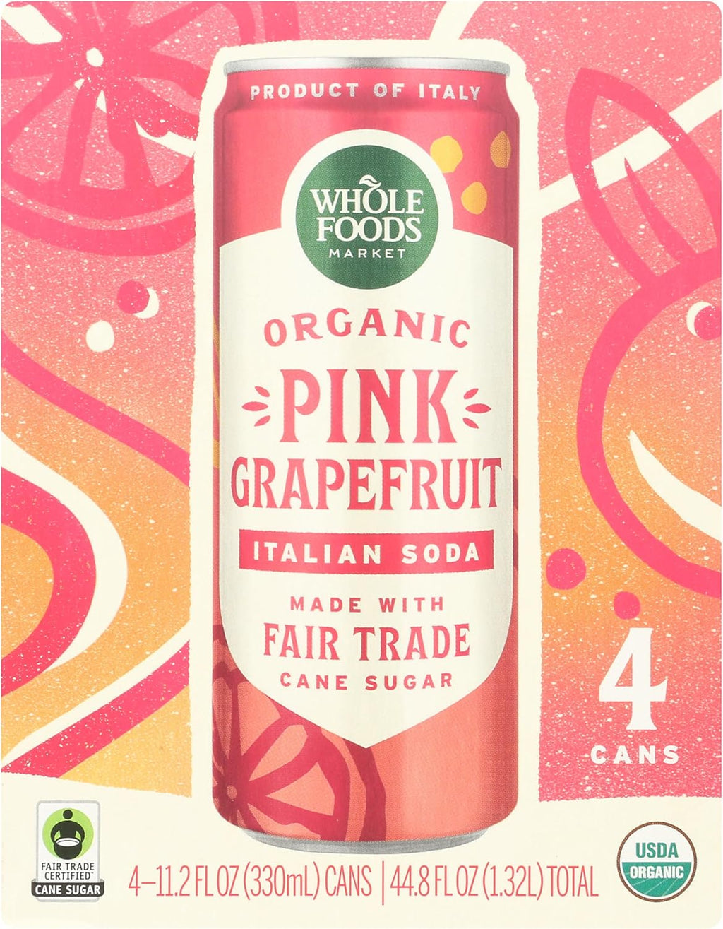 Whole Foods Market Organic Pink Grapefruit Italian Soda, 11.2 Fl Oz, 4 Pack