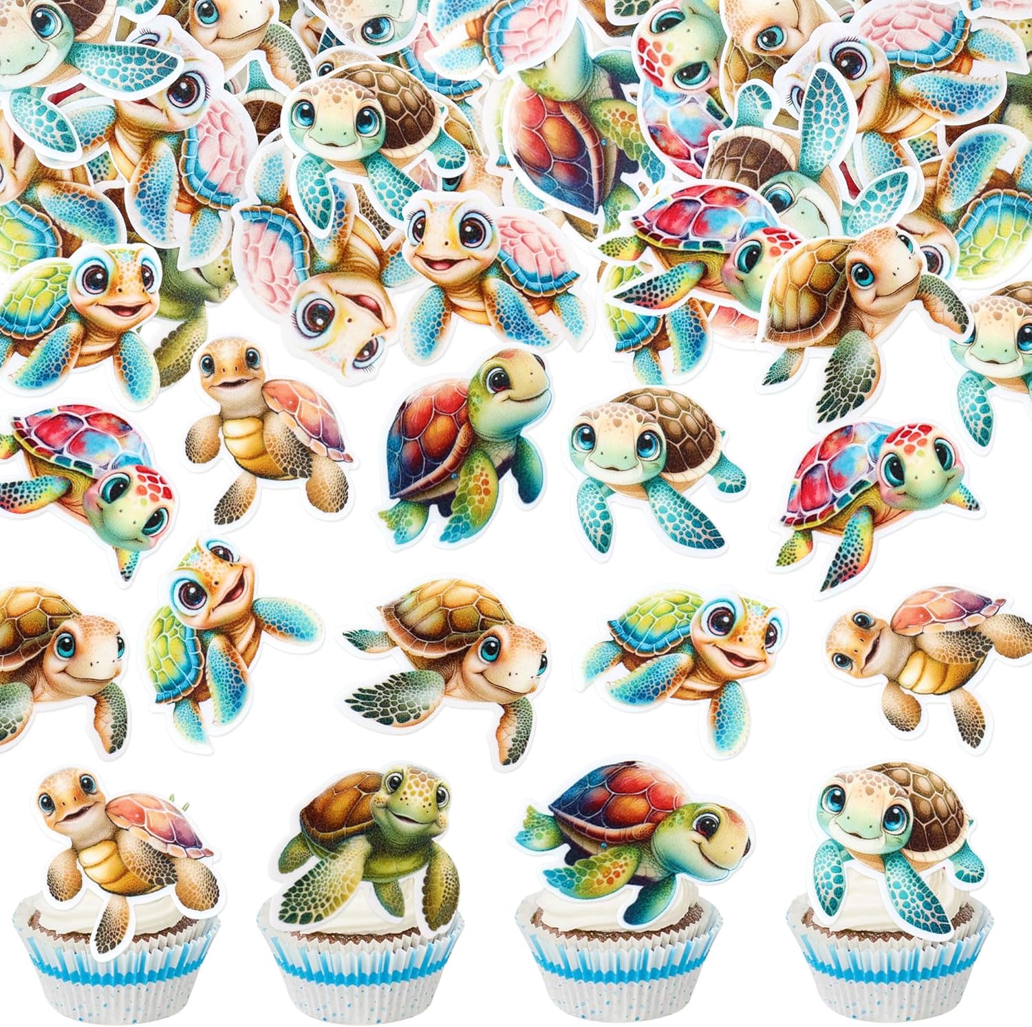 40 PCS Edible Turtles Cupcake Toppers for Baby Wafer Paper Sea Animals Baby Shower Party Picks for Drink Topper Sea Animals Theme Baby Shower Kids Birthday Party Supplies