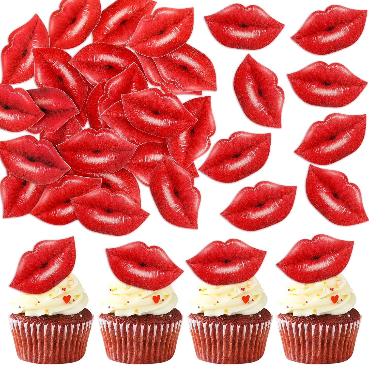 Ercadio 40 Pack Edible Valentine’s Day Cupcake Toppers Edible Red Lip Cupcake Toppers Valentine Cake Drink Topper for Wedding Theme Bachelorette Party Bride to Be Cake Decoration Supplies
