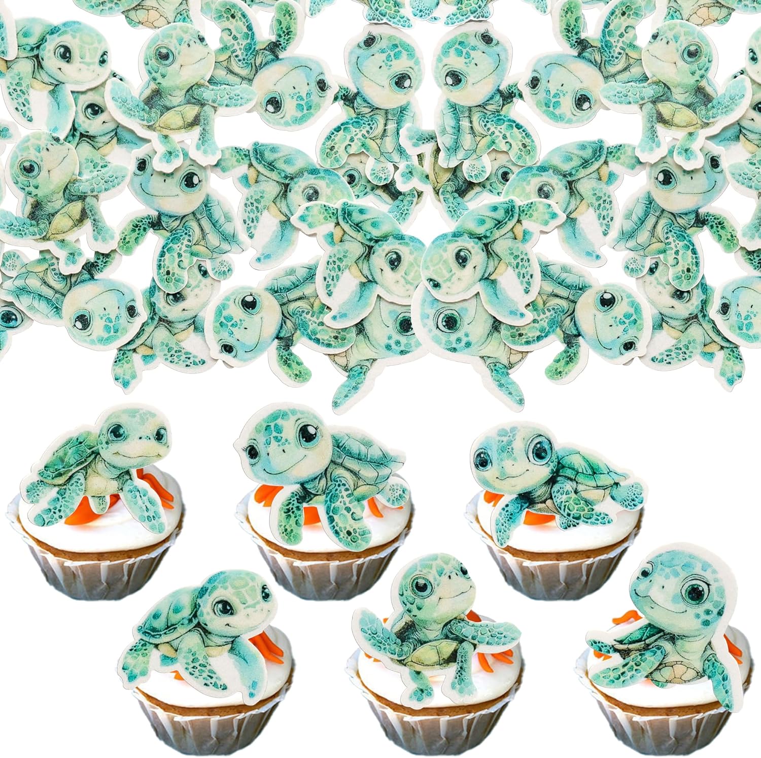 Gyufise 54Pcs Turtle Cupcake Toppers Wafer Paper Turtle Cupcake Picks Edible Sea Turtle Cake Decorations for Under the Sea Animal Theme Baby Shower Birthday Party Supplies Blue