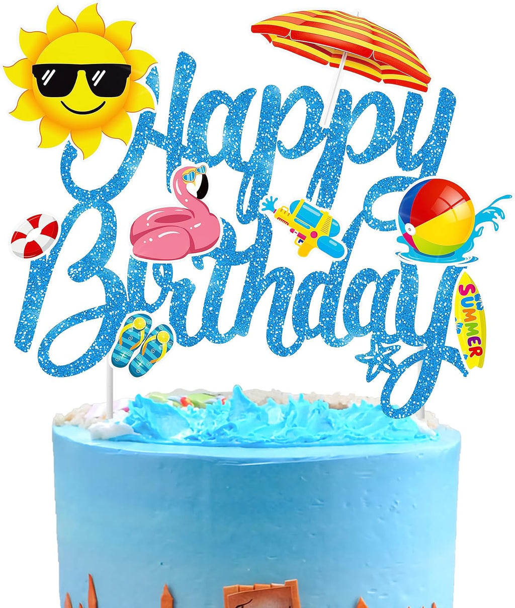 Summer Beach Cake Topper Swimming Pool Birthday Cake Pick Hawaii Beach Happy Birthday Cake Decor Tropical Surfing Party Decorations for Summer Holiday Theme Baby Shower Supplies