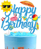 Summer Beach Cake Topper Swimming Pool Birthday Cake Pick Hawaii Beach Happy Birthday Cake Decor Tropical Surfing Party Decorations for Summer Holiday Theme Baby Shower Supplies