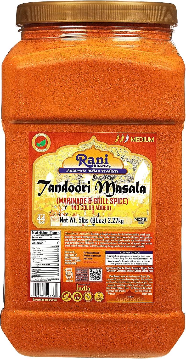 Rani Tandoori Masala (Natural, No Colors Added) Indian 11-Spice Blend 80oz (5lbs) 2.27kg Bulk PET Jar ~ Salt Free | Vegan | Gluten Friendly | NON-GMO | Kosher | Indian Origin
