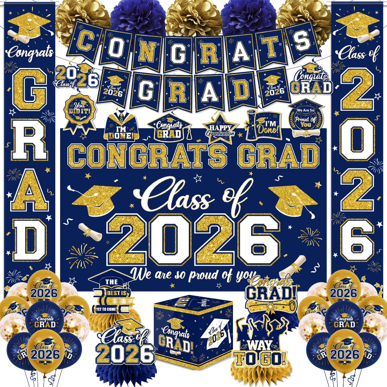 Navy Blue and Gold Graduation Decorations 2026 Set, All-in-1 Kit with Congrats Grad Banner Class of 2026 Backdrop Porch Sign Balloons Centerpieces Card Box Pom Poms Streamers for College High School