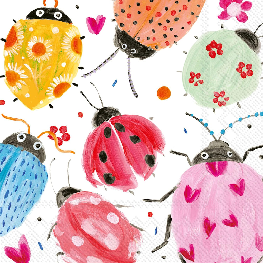 IHR Ideal Home Range Cocktail Napkins Disposable 3-Ply Paper Party Napkin Pack, 5" x 5", Joyful Ladybugs, 20-Count