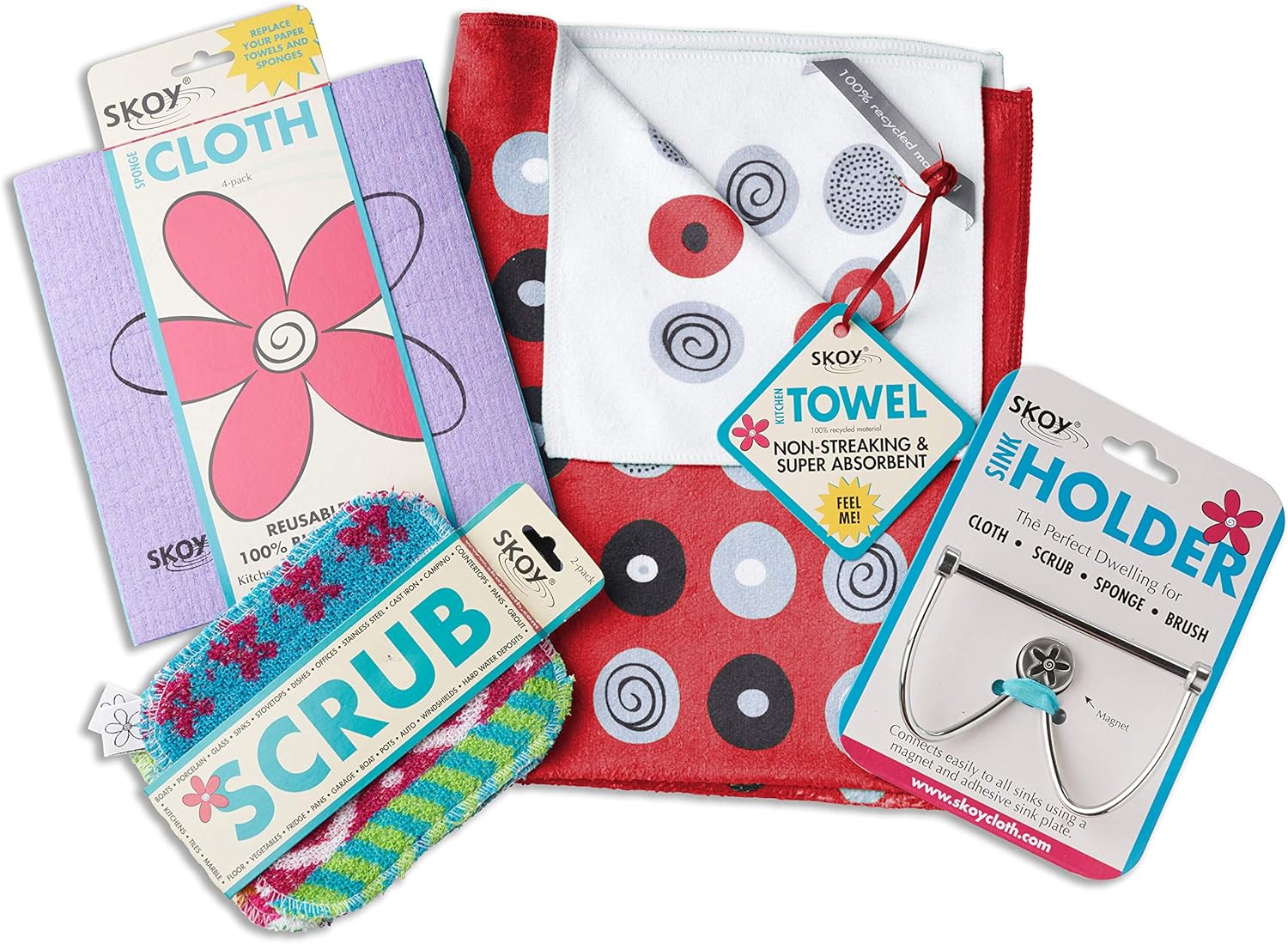 Skoy Cleaning Bundle - Cloth, Scrub, Red Towel and Sink Holder – Environmentally Friendly, Kitchen & Household Use, Plastic-Free Packaging, Great Gift Idea!