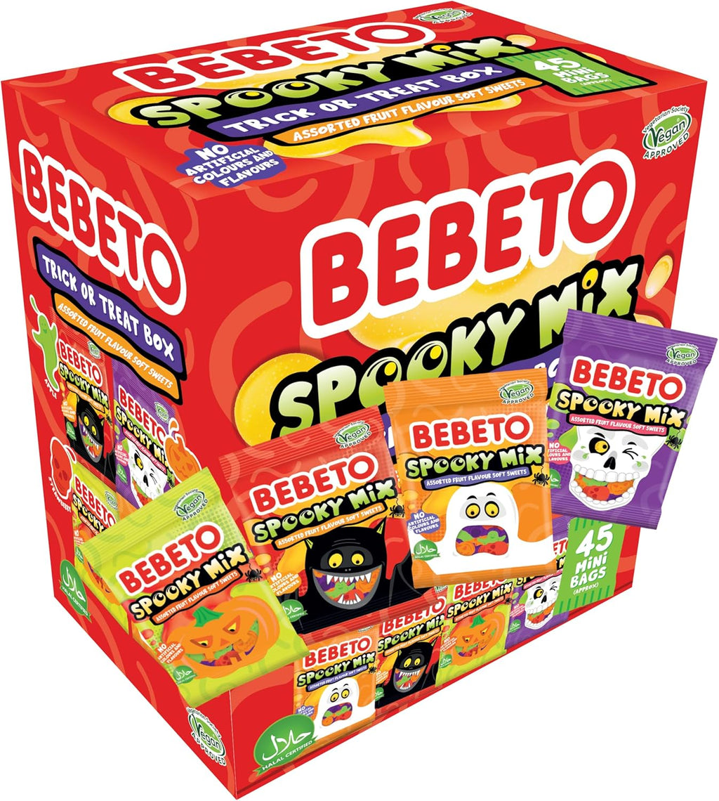 Bebeto Spooky Mix Trick or Treat Box - Individually Wrapped Fun Size Halloween Fruit Snacks - Variety Pack Assorted Candy Mix - Halloween Themed Gummy Candy by Kervan - Vegan - 45 Pouches (23.8 oz)