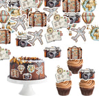 72Pcs Edible Travel Theme Cupcake Toppers Wafer Paper Let the Adventure Begin Cupcake Picks Travel Around The World Party Decorations for Going Away Farewell Party Supplies
