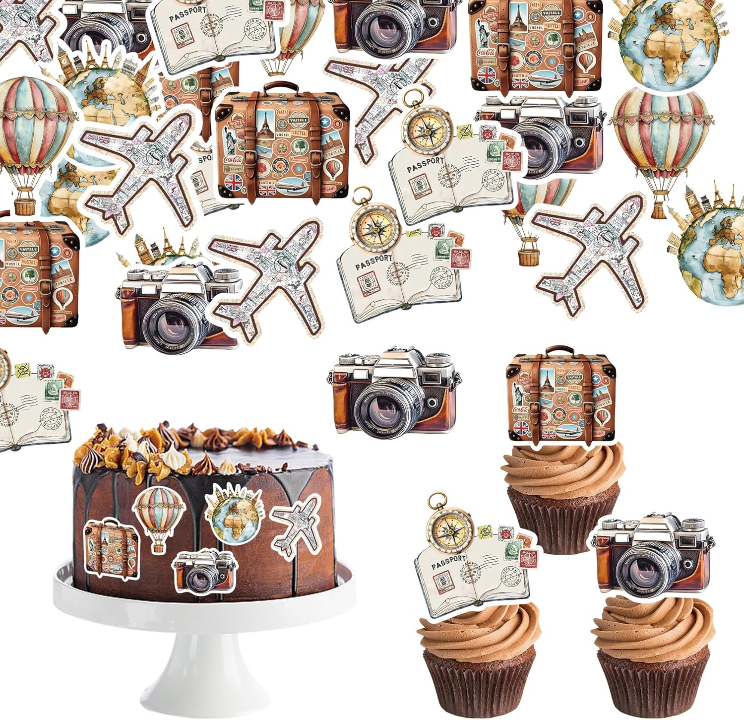 72Pcs Edible Travel Theme Cupcake Toppers Wafer Paper Let the Adventure Begin Cupcake Picks Travel Around The World Party Decorations for Going Away Farewell Party Supplies