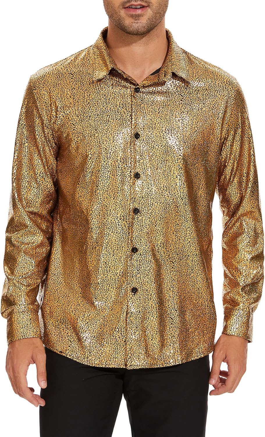 Zando Mens Disco Shirt Outfit Retro 70s Shirts for Men Sequin Glitter Long Sleeve Button Down Disco Outfits Party Costume