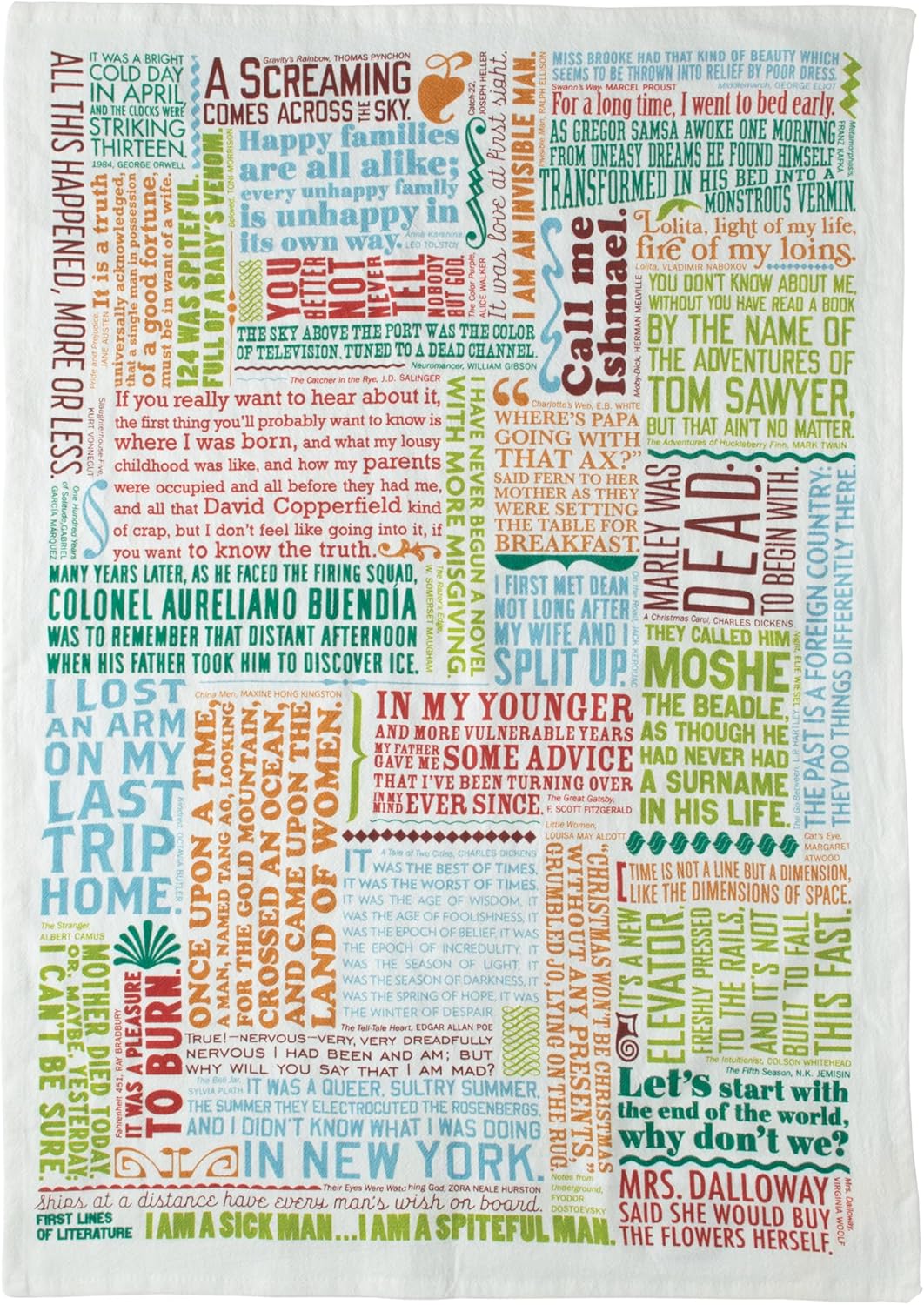 The Unemployed Philosophers Guild First Lines of Literature Dish Towel - 100% Cotton Novelty Kitchen Dish Towel Featuring 39 Famous Opening Lines, 18" x 25.5"