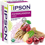 Tipson Organic Ashwagandha Infusions - Cherry - Non GMO, Caffeine Free & Gluten Free - 25 Premium Tea Bags (Pack of 1)