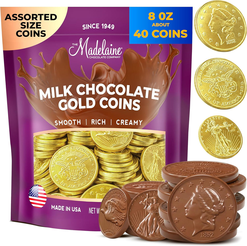Madelaine Gold Chocolate Coins - Individually Wrapped Easter Candy Basket Fillers - Assorted Sizes 8 oz About 40 Pieces Easter Chocolates Gold Coins