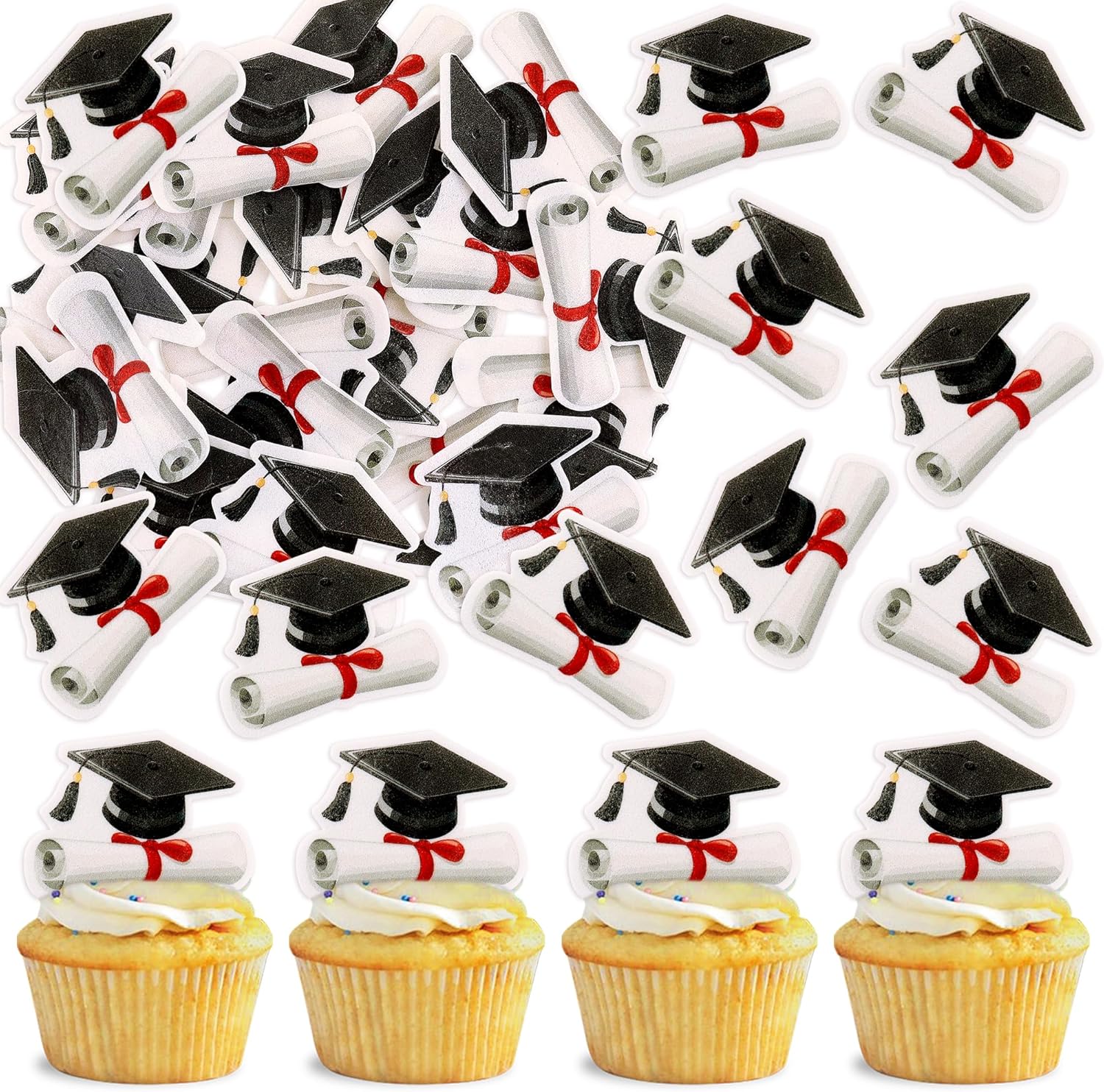 40 PCS Edible Graduation Theme Cupcake Toppers Wafer Paper Graduate Cupcake Picks Cake Drink Students Graduation Theme Party Cake Decorations Supplies
