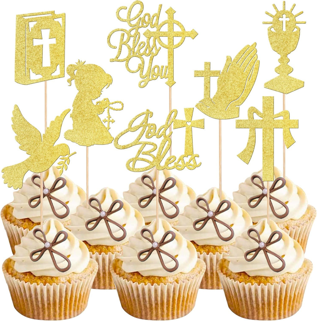 Rsstarxi 24 Pack God Bless and Cross Cupcake Toppers Dove Girl Baptism Cupcake Picks First Communion Cake Decorations for Religious God Bless Baptism Baby Shower Kids Birthday Party Supplies Gold