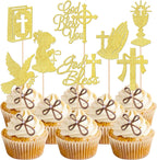 Rsstarxi 24 Pack God Bless and Cross Cupcake Toppers Dove Girl Baptism Cupcake Picks First Communion Cake Decorations for Religious God Bless Baptism Baby Shower Kids Birthday Party Supplies Gold