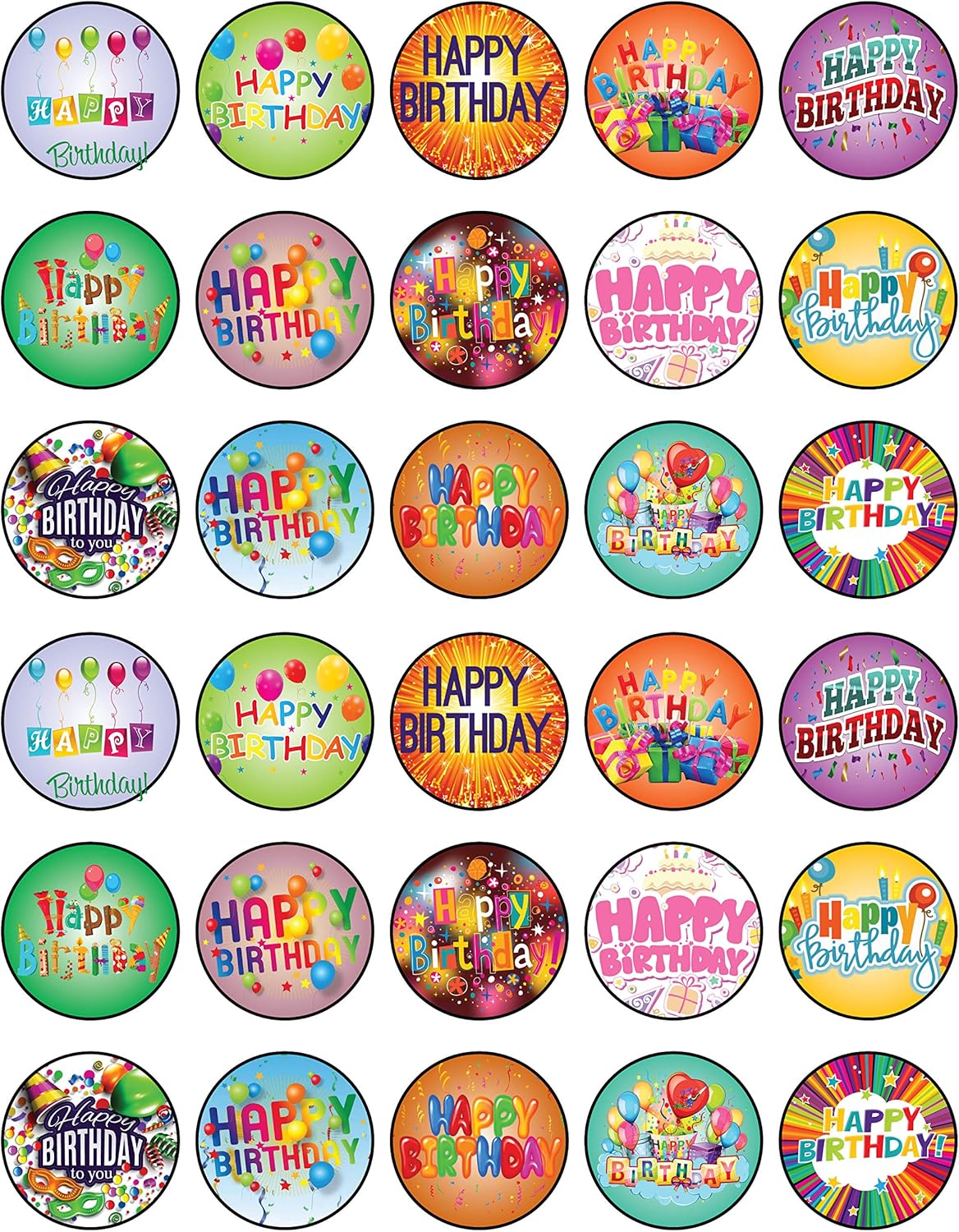 30 x Edible Cupcake Toppers Themed of Happy Birthday Collection of Edible Cake Decorations | Uncut Edible on Wafer Sheet