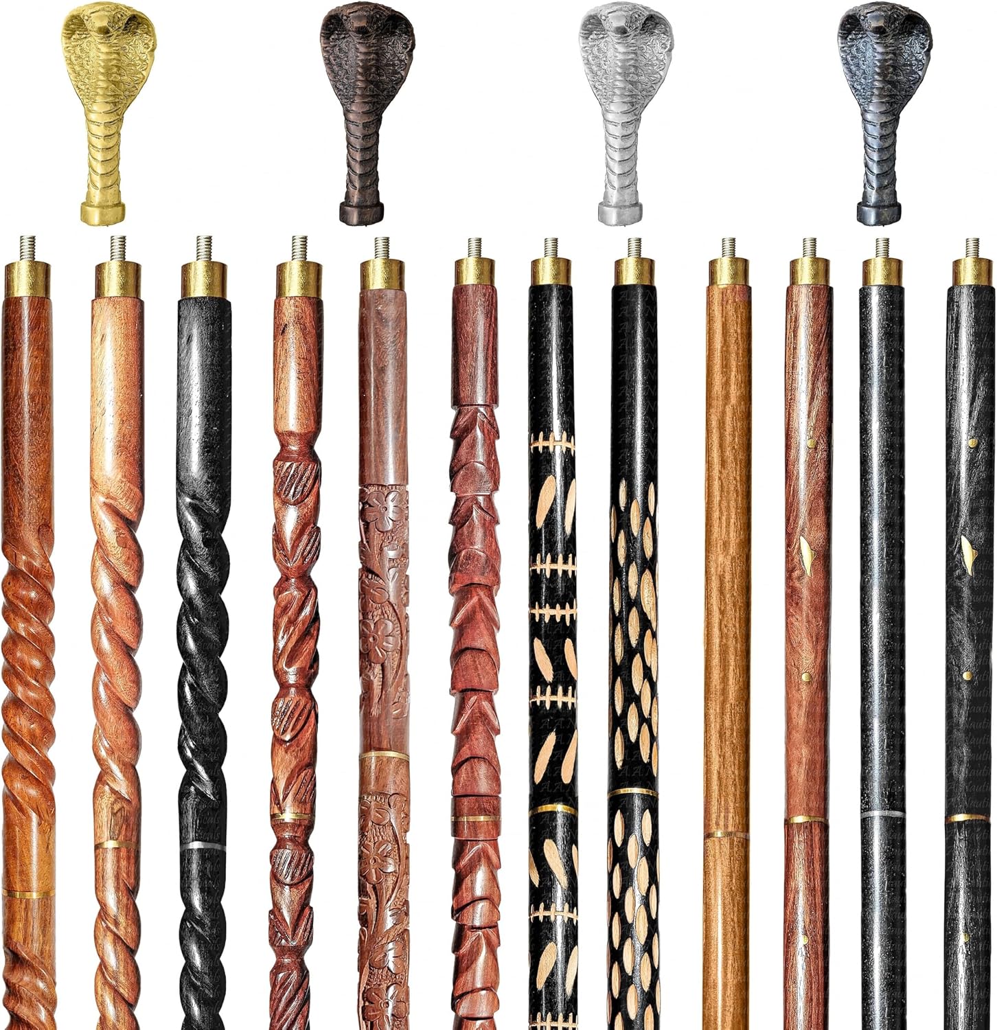 Wood Walking Staff Cane Stick with Cobra Snake Handle, Rubber Ferrule, Foldable, Adjustable, Custom 31-61 in, AANWS156