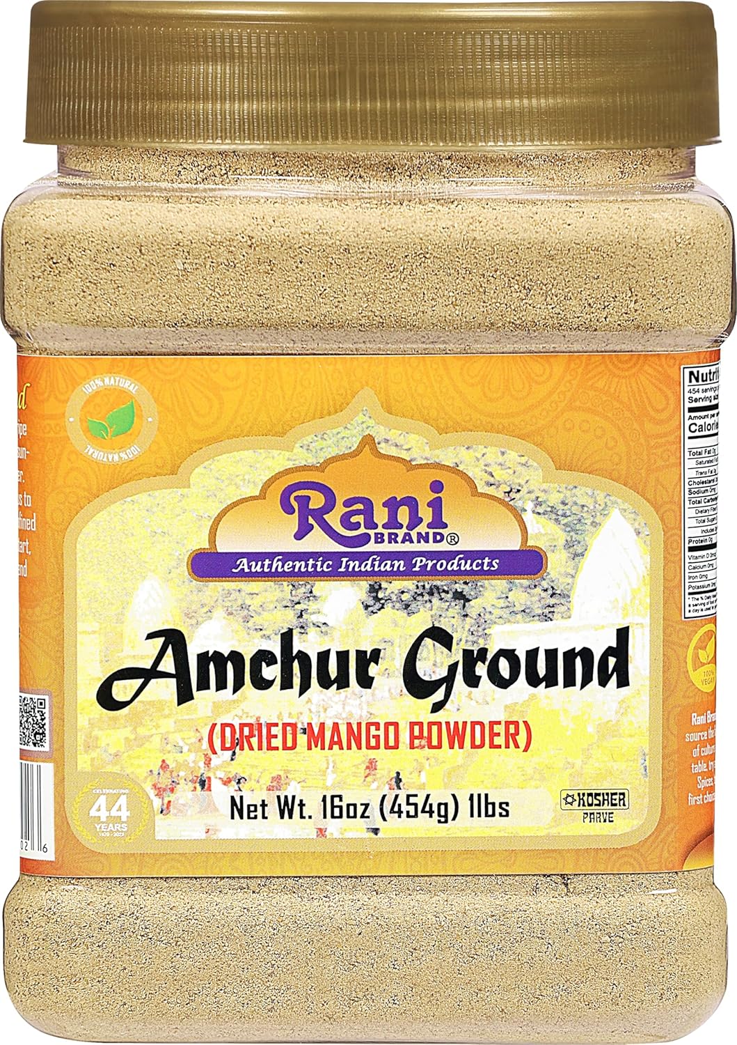 Rani Amchur (Mango) Ground Powder Spice 16oz (1lb) 454g PET Jar ~ All Natural, Indian Origin | No Color | Gluten Friendly | Vegan | NON-GMO | Kosher | No Salt or fillers