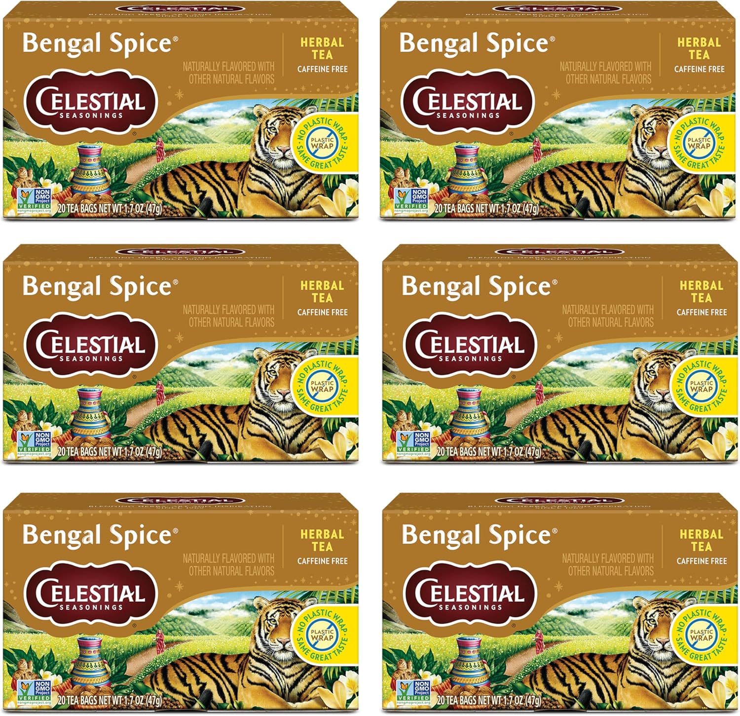 Celestial Seasonings Bengal Spice Herbal Tea, Caffeine Free, 20 Tea Bags Box (Pack of 6)